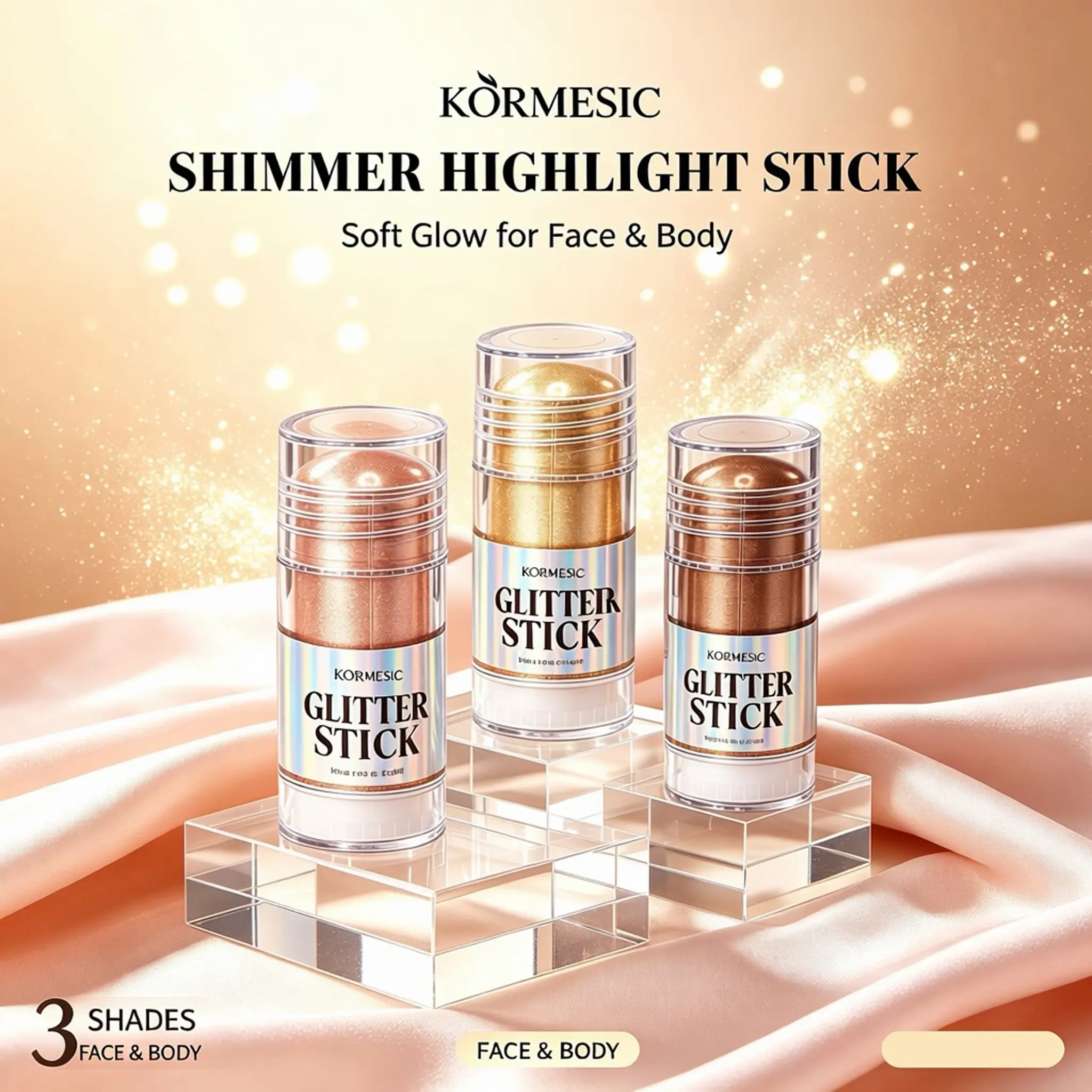 KORMESIC Glitter Shimmer Stick 3PC Set, Multi-Use Body Face Shimmer Glow Stick, Creamy Lightweight Luminous Shimmer Stick for Party Festival Makeup, Rose Gold Quicksand Gold Bronzing Gold