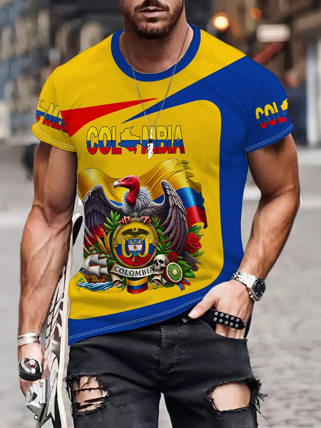 Men's Soccer Sports T-Shirt with Colombian Eagle Flag Art, Skull Rose Sailing Culture Print, Casual Fitted Short Sleeve Top for Training & Leisure Athletic Workout Tees, Active Tops, Activewear Tee, Activewear T Shirts