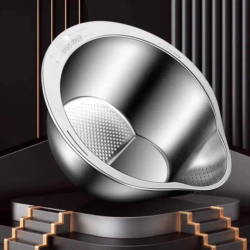 Stainless Steel Multifunctional Rice Strainer Round Bowl - Food Colander Kitchenware for Rice, Fruits, Vegetables & Cooking Prep