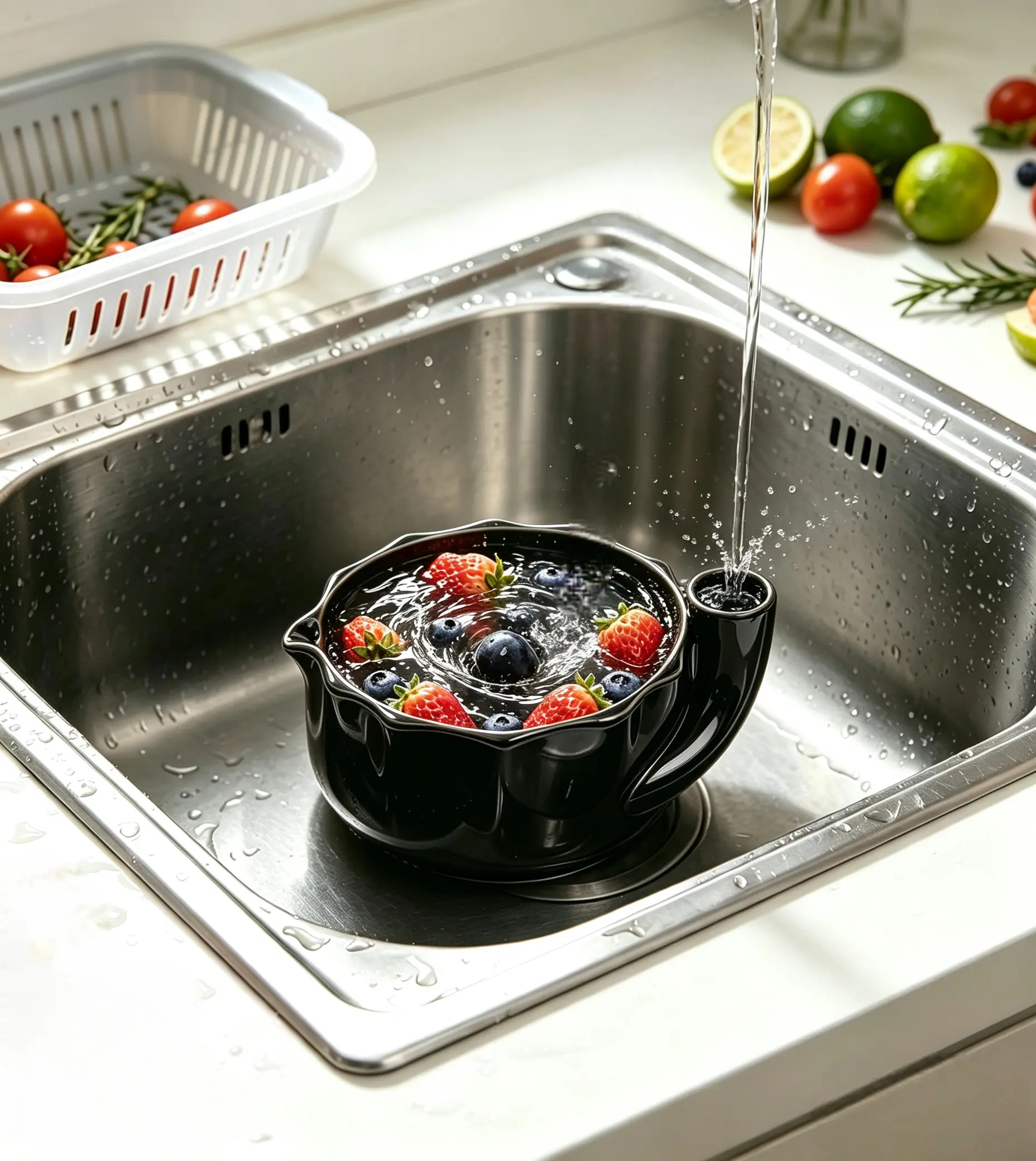 Self Spinning Ceramic Fruit Bowl Vortex Swirl Drain Strainer Handmade Washing Bowl for Berries Grapes Cherry Tomatoes Small Fruits