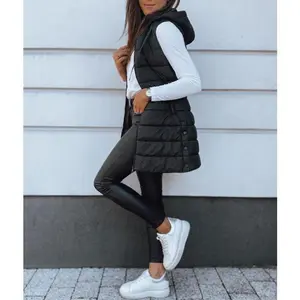 Women Long Vest Solid Color Sleeveless Hooded Winter Down Vest Coat Casual Womenswear
