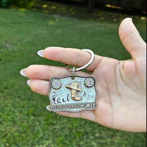 Long Live Cowgirls Hat N Boots Keychain | Hand Engraved German Silver Base | Western Keychain