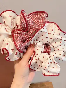 pcs retro red check bow wave dot large intestine hair ring, Scrunchies, Ponytail hairstyle, is firm and does not slip and does not hurt hair suitable for daily various occasions convenient to carry gifts for friends and children