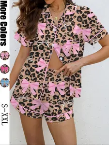 Women's Leopard Print Bowknot Pajama Set, Casual Fitted Sleepwear, Soft Shirt Collar Top & Elastic Shorts, All Seasons Comfortable Home Wear