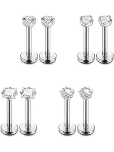 4 Pairs Silvery Star Heart CZ Stainless Steel Flat Back Piercing Studs for Women Men Mixed Round CZ Labret Monroe Lip Rings, Helix Pierced Ring, Hypoallergenic Screw-Back Cartilage Tragus Helix Piercing Jewelry Set Unisex Daily Wear Body Accessories