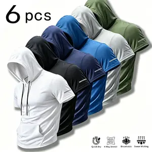 6-Pack Men’s Hooded Workout Tank Tops, Quick Dry 4-Way Stretch Fabric with Sweat-Wicking Technology, Breathable Gym Shirts with Drawstring Hood & Front Pocket, Ideal for Fitness Training, Running, Sports and Daily Casual Summer Wear.