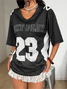 Women's Streetwear Y2K Mesh Breathable Jersey, New York Stars Print, V-Neck Hip-Hop Style, Festival Daily Top