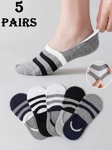 5 Pairs Summer & Spring Unisex Classic Striped Breathable Comfort Invisible Crew Socks, Casual Fashion Versatile Gift Idea