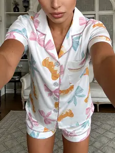 Y2K Sweet Girl Sleepwear Set, Macaron Color Donut Bow Print Pajamas, Women's Short Sleeve Shorts Open Front Cardigan Two-Piece Suit