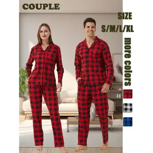 Couple's Plaid Print Button Front Pajama Two-piece Set, Casual Comfy Long Sleeve Pocket Top & Elastic Waist Pants Pj Set, Couple's Sleepwear for Spring & Fall（gift） Fit Womenswear