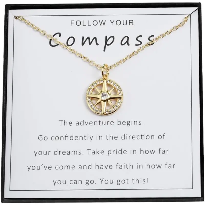Graduation Necklace Cubic Zirconia Pendant Compass Necklace Birthday Gifts 2026 New Beginning 14K Gold Plated Jewelry For Woman