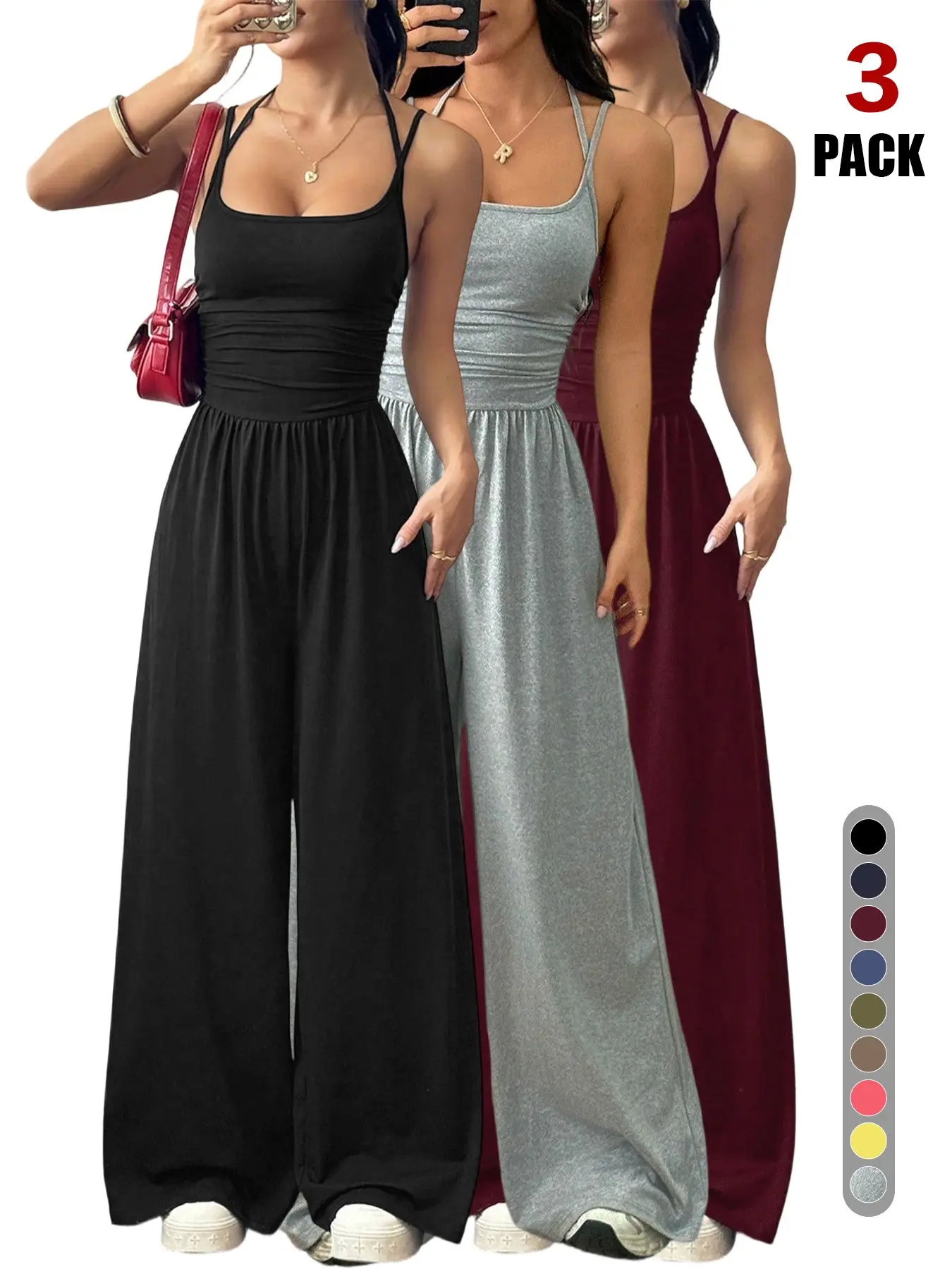 Women's Casual Basic One Piece Baggy Jumpsuits Sleeveless Halter Neck Wide Leg Summer Romper Workout Jumpsuits With Pockets