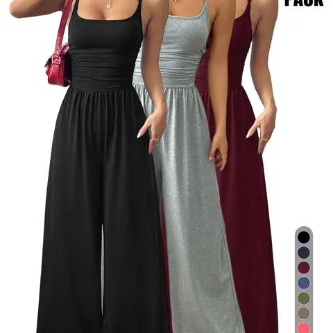Women's Casual Basic One Piece Baggy Jumpsuits Sleeveless Wide Leg Summer Romper Workout Jumpsuits With Pockets Sleeveless Activewear Romper