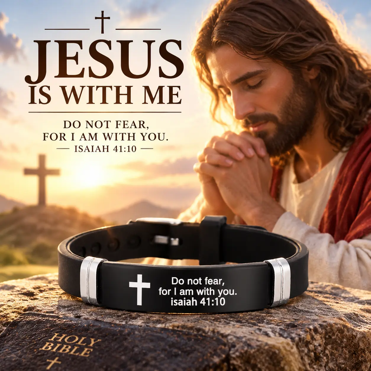 Christian Faith Bracelet with Bible Verse & Cross, Inspirational Silicone Wristband with Stainless Steel ID Plate, Adjustable Religious Bracelet for Men Women, Meaningful Gift for Dad, Husband, Friends & Couples