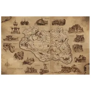 The Elder Scrolls V Skyrim - Illustrated Map Game Poster, Skyrim Map The Elder Scrolls Video Game Posters (No Framed)