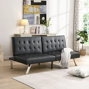 Stylish Black PVC Sofa Bed with Sleek Stainless Steel Chair Legs for Modern Home Decor