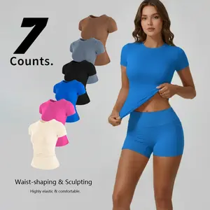 YIZHEN Women's Ribbed Crew Neck Short Sleeve T-Shirt Slim Fit Waist Cinched Top Highly Elastic Comfortable Minimalist Knit Tees