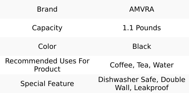 AMVRA Rambler 18 oz Stainless Steel Water Bottle with Chug Cap – Vacuum Insulated, Leakproof, BPA Free – Keeps Drinks Cold 24H Hot 12H – Reusable Travel Bottle, Black