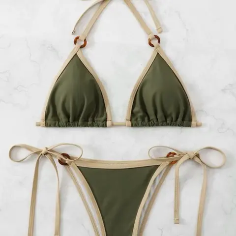 Two-Piece Set Women's Contrast Binding Ring Linked Set for Summer 2024, Casual Halter Triangle Swim Bra & Tie Side Swim Bottom, Ladies Summer Swimwear Linked Swimsuits Set Bikinis Sets Swimsuit Set