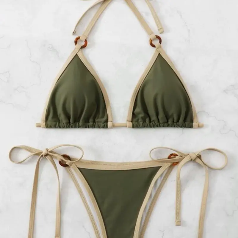 Two-Piece Set Women's Contrast Binding Ring Linked Set for Summer 2024, Casual Halter Triangle Swim Bra & Tie Side Swim Bottom, Ladies Summer Swimwear Linked Swimsuits Set Bikinis Sets Swimsuit Set
