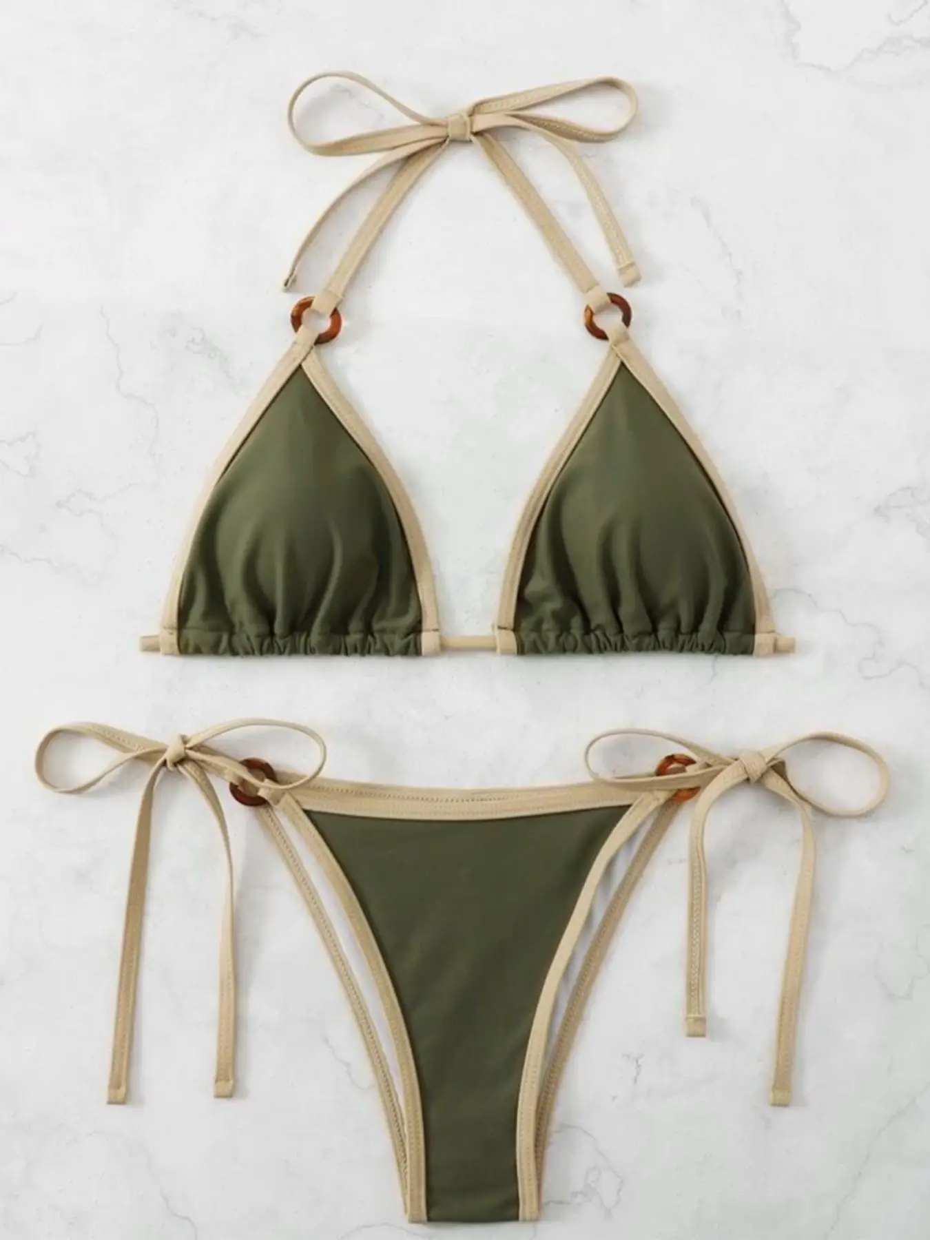 Two-Piece Set Women's Contrast Binding Ring Linked Bikinis Set for Summer 2024, Casual Halter Triangle Swim Bra & Tie Side Swim Bottom, Ladies Summer