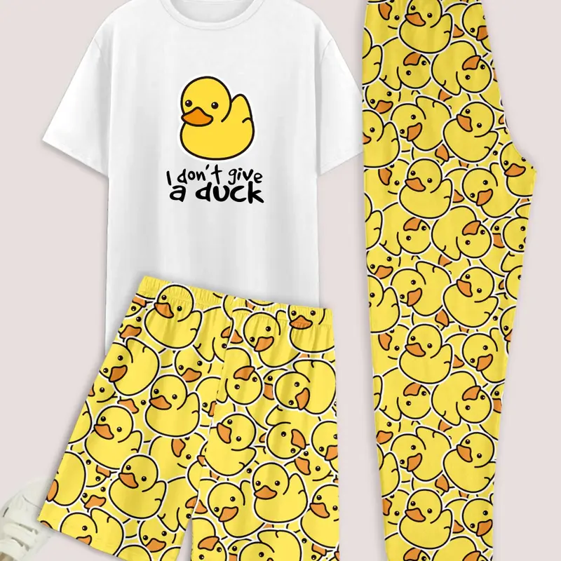 Men's Cartoon Duck Print Tee & Elastic Waist Pants & Shorts Loungewear Set, Regular Fit Casual Comfy Round Neck Short Sleeve T-Shirt & Trousers & Shorts PJ Set, Men's Sleepwear for Summer, Casual Pajamas, Shorts Pajama Outfit, Menswear, Casual Home Pjs