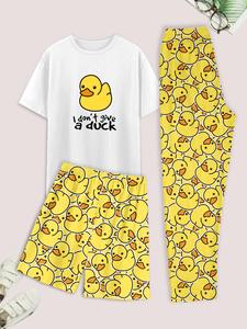 men's cartoon duck print shortsleeve tee & elastic waist pants & shorts loungewear set, regular fit casual comfy round neck short sleeve t-shirt & trousers & shorts pj set, men's sleepwear for summer, breathable stylish pajama, lounge wear, pajamas