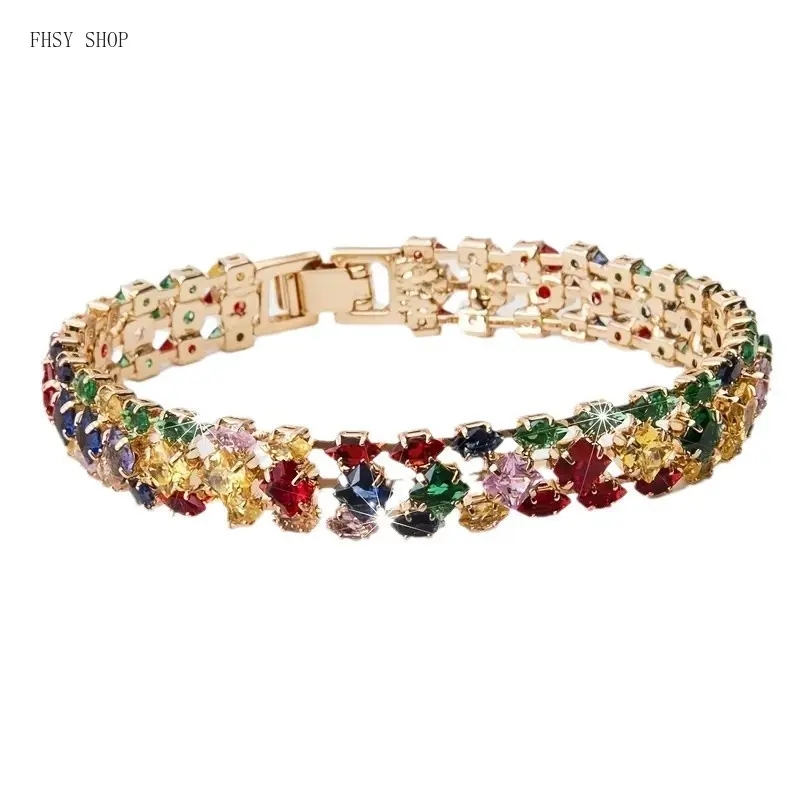 FHSY SHOP Women's Sterling Silver Boho Style Chain Band Bracelet - Artificial Zircon Stones, Colorful Geometric Design, Lightweight, Cross Pendant, Psalm Verse, Arm Candy Accessory for Daily, Party Wear Adults