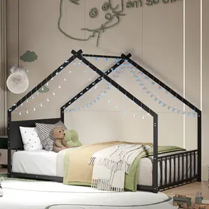 Twin Size/ Full Size  House Bed with Roof and Colorful Lights, Metal Bed Frame with Slats and Legs, House Bed for Boy, Girls and Young Teens, No Box Spring Needed