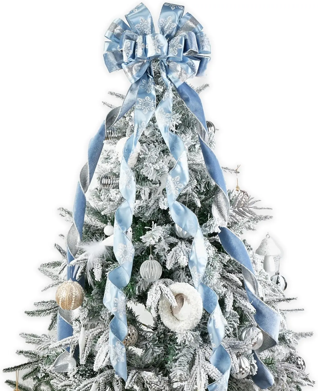 Dusty Blue and Silver Christmas Tree Toppers 13 x 53 Inch Large Decorative Bows with Streamer and Snowflake Patterns for Xmas Tree Wreaths Door Staircase Home Decor