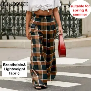 UOOZEE Women's 2026 New Spring Lightweight Color Contrasting Grid Wide Leg Pockets Pants Women Plaid Pants Urban Brown Trousers Loose Pleated Casual Streetwear Pants for Daily Wear