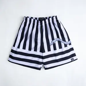 Some Slight Clothing Serpent Pillar Shorts - Black & White Striped Air Ventilation Mesh with Sublimated Design & Inner Waist Drawstring Menswear Hem