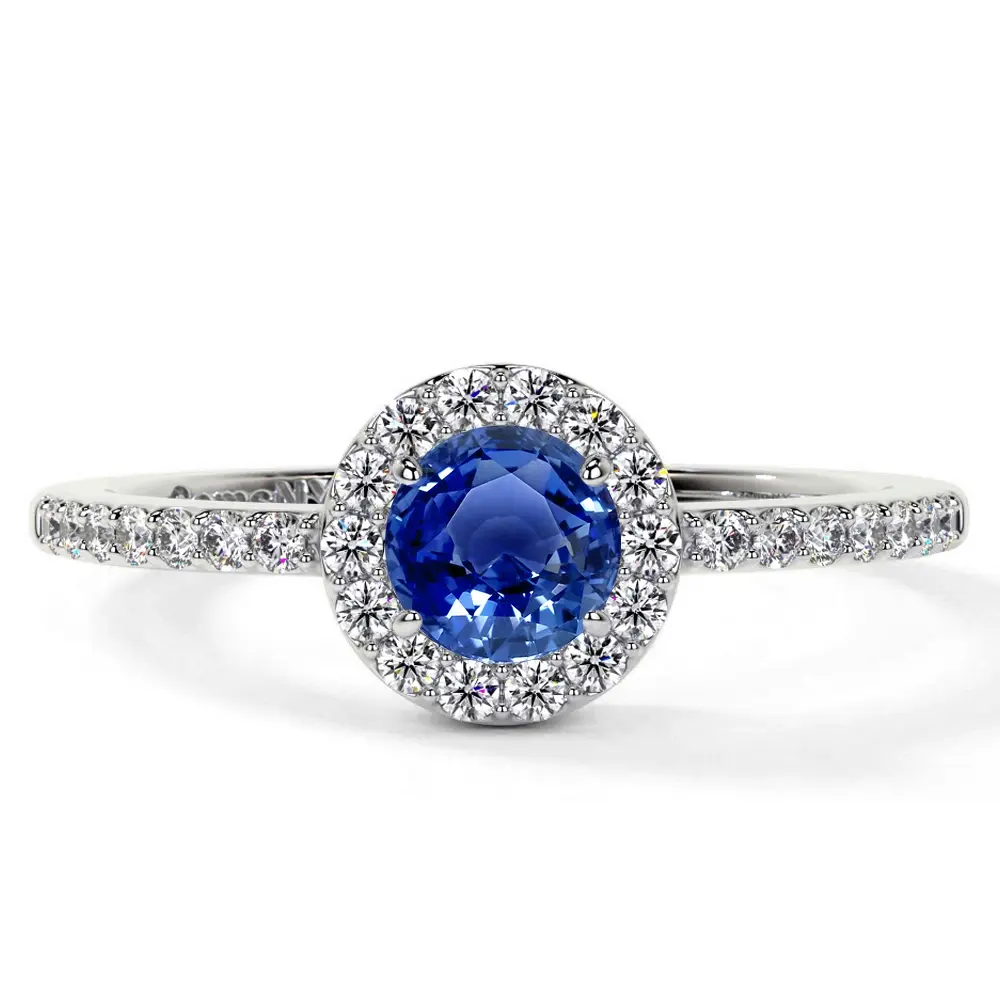 Classic Round Blue Sapphire Halo Ring with Prong Set Diamonds (0.93cttw)- RBS001-5X5-AAA