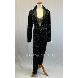 Black Sequin Jumpsuit with Rhinestoned Bra - Rhinestones