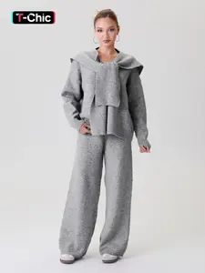 Women's Slouchy Solid Color Soft Thermal Sweater with Scarf & Wide Leg Trousers Co-ord