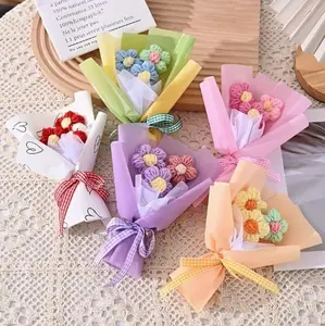 1pc Charming Mini Knitted Flower Bouquet with Heart-Patterned Tissue Paper - Ideal for Valentine's, Mother's Day & Anniversaries | Colorful Home Decor Accent, Bouquet Accessories