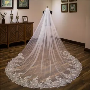 Vintage-Style Long Lace Bridal Veil - 3m Wide Train, Floral Embroidery, Hand-Wash Only, Includes Hair Comb for Wedding, Photography