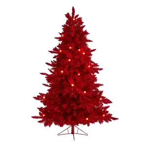 6' Red Flocked Fraser Fir Artificial Christmas Tree with 350 Red Lights, 33 Globe Bulbs and 748 Bendable Branches
