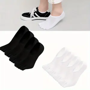 4 Pairs Men's 5-Toe Socks - Breathable Cotton Non-Slip Individual Toe Compartments, Invisible Low-Cut Toe Separation for, Gym, & Daily Wear - Fits Shoe Sizes 6-10 (Hand Wash Only) - & Athlete's Foot