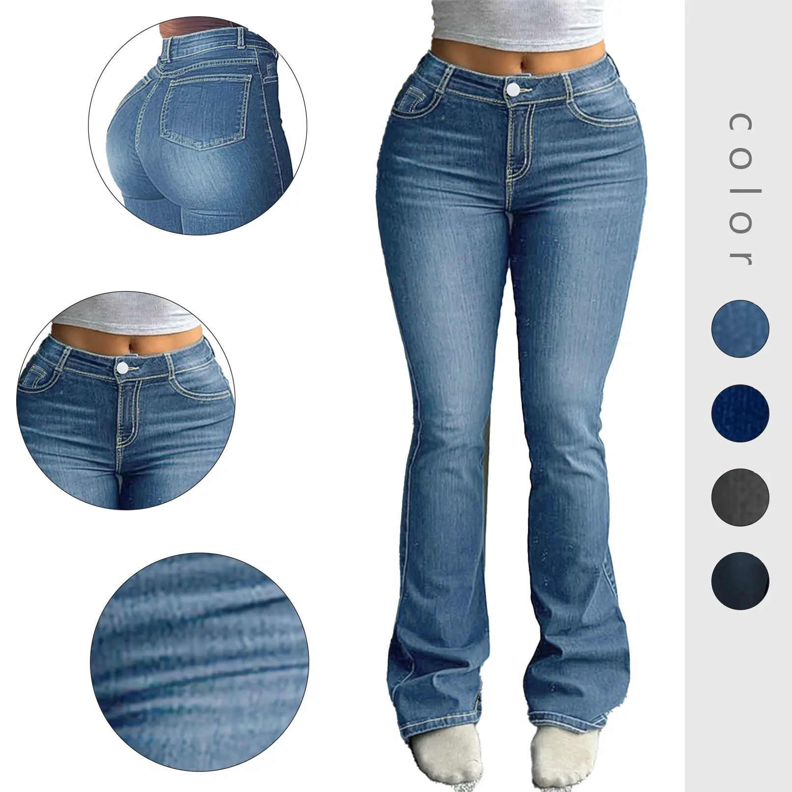 High Waisted Dark Wash Flare Denim Jeans - Women's Butt-Lifting Pants for Retro Chic