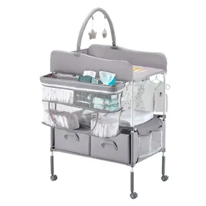 Baby Changing Table, Foldable Diaper Change Station with 2 Fabric Drawers, Side Basket Hanging Rod, Adjustable Height Portable Changing Table with Lockable Wheels 2 Star Toys, Light Gray