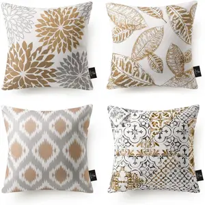 Set of 4 New Living Series Leaf Geometric Throw Decorative Pillow Cover Cushion Cover, Coffee, 22 x 22 inches, 55 x 55 cm