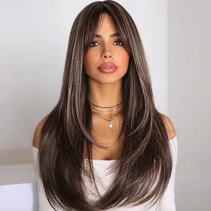 SMILCO/26Inch Highlight Beige with Brown Long Straight with Bangs Synthetic Wig/SM525