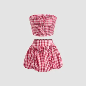 Cider [size 0-10] 100% Cotton Gingham Shirred Knotted Crop Tube Top & Gingham Bubble Hem Knotted Mini Skirt Set