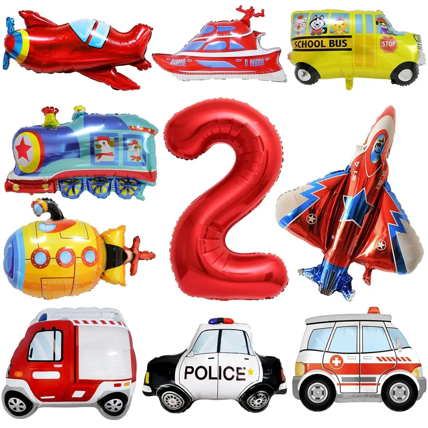 10Pcs Transportation Balloons,Truck Plane School Bus Fire Truck Police Car Fighter Ship Ambulance Submarine Foil Balloon,Vehicles 2Th Birthday Kids Party Supplies Decorations (Red Black 2Nd)