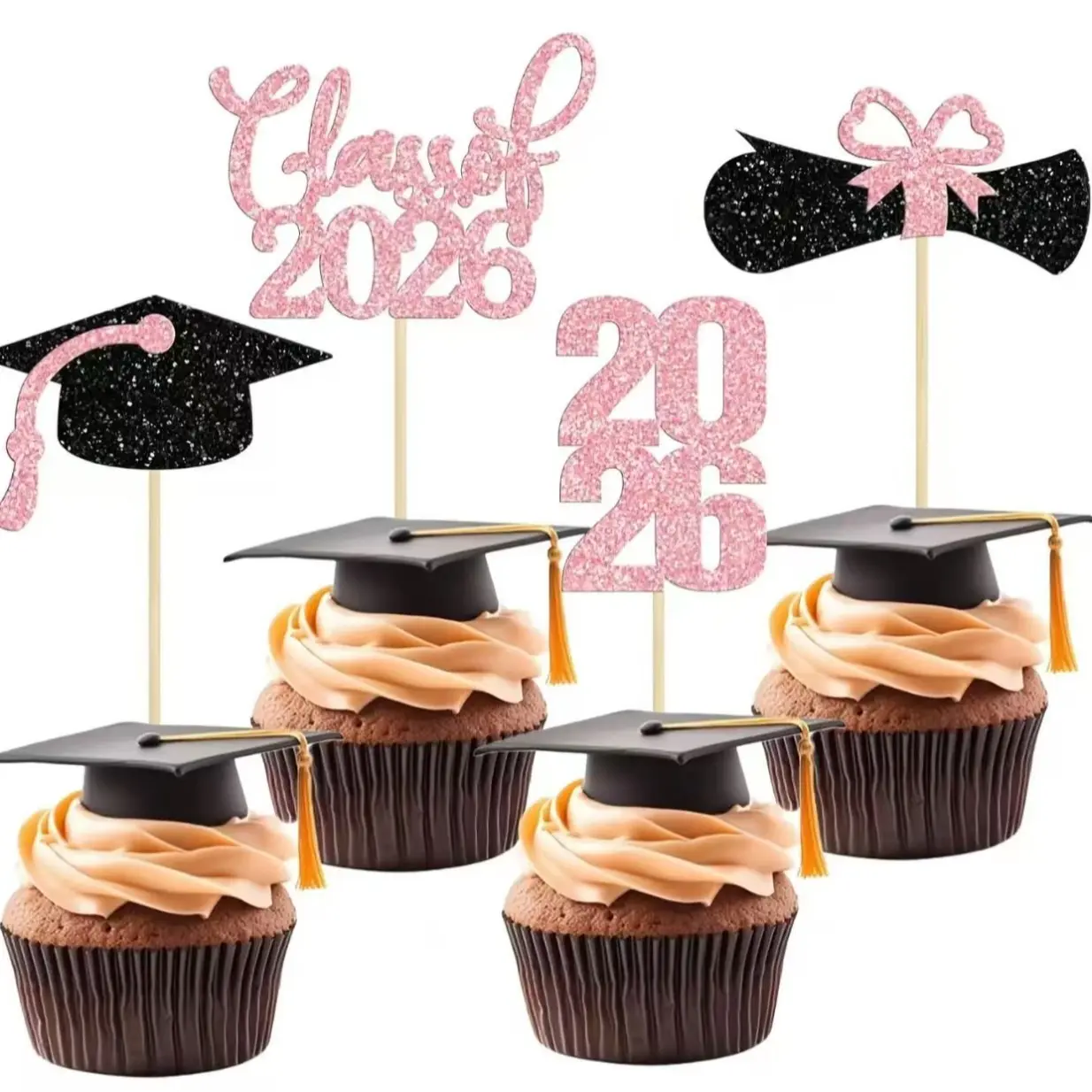 12pcs 2026 Graduation Theme Glitter Cupcake Decorations, Diploma Cap Toppers, Party Cake Decorations, Cake Decorating Supplies, Perfect for Graduation Celebrations