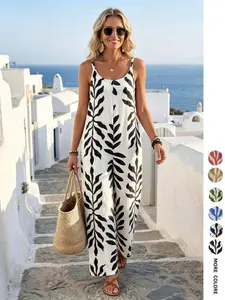 Women's Leaf Print Sleeveless Spaghetti Strap Jumpsuit, Loose Overalls Jumpsuits, Womenswear, Loose Wide Leg Vacation Bohemian Boho Style, Casual Daily Wear, All over Print, Fitted Clothing, Outfit, Casual Summer Jumpsuit