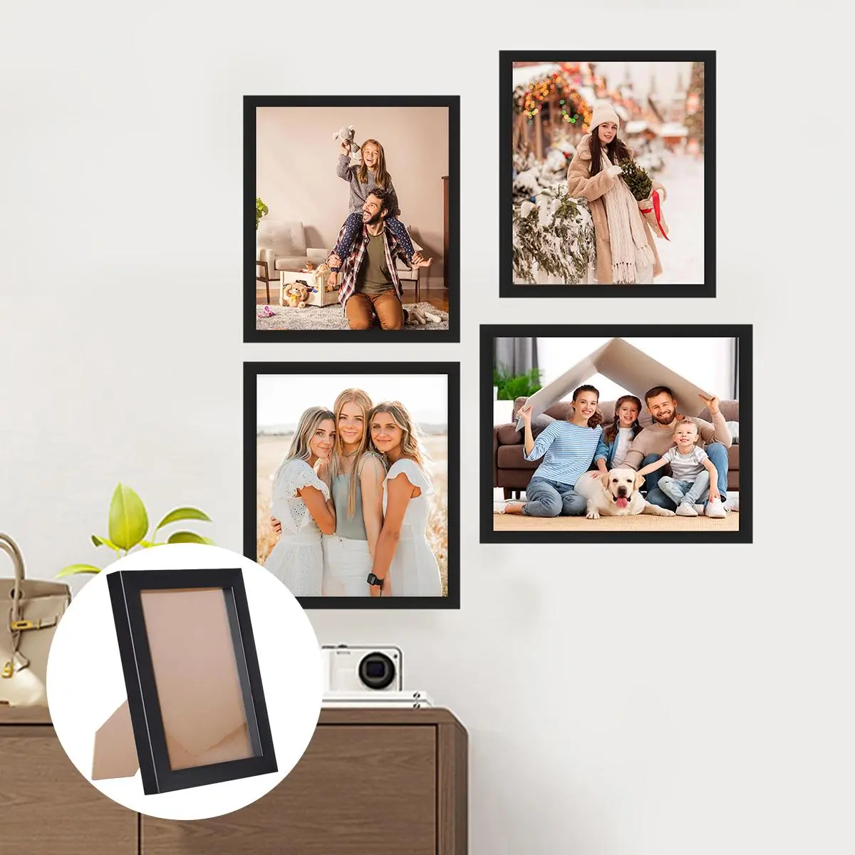 11x14 Picture Frame Set of 5, Display Pictures 8x10 with Mat or 11x14 Without Mat, Wall Gallery Photo Frames, Black Decor Plastic Light