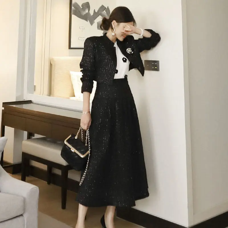 Women's Half Turtleneck Single Breasted Wool Coat Skirt Set