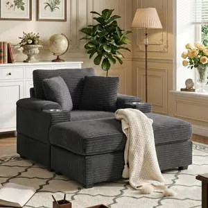 Eyisean 50" Corduroy Oversized Indoor Lounge Chaise - Upholstered Piece with Ottoman, Storage Armrest, Cup Holder, Reclining Sofa Bed, Corduroy Sofa Couch, Modern Sofas Living Room Furniture for Bedroom